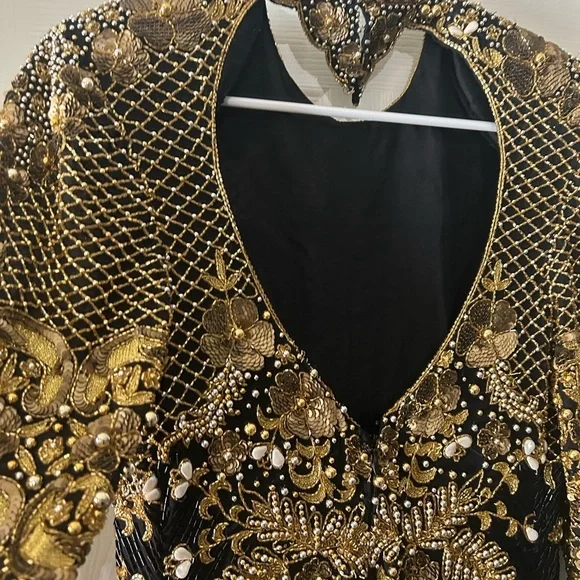 Naeem Khan Riazee Nights 80s X Open Back Slit Leg Pure Silk Long Sleeve Gown VTG - Picture 15 of 16